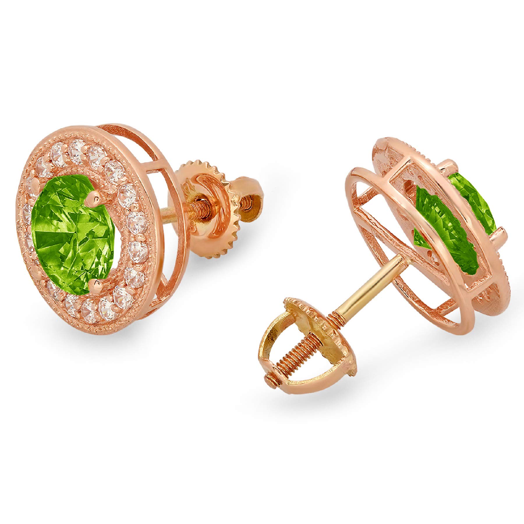 Clara Pucci 3.7 ct Brilliant Round Cut Halo Solitaire VVS1 Flawless Natural Green Peridot Gemstone Pair of Solitaire Stud Screw Back Earrings Solid 18K Rose Gold