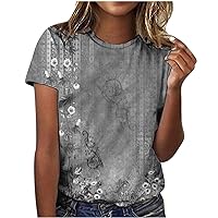 2024 Ladies Short Sleeves Shirt Summer Blouse Round Neck Tunic Trendy Tshirt Printed Spring Dressy Tops Casual Tee
