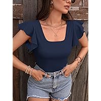 Women's Shirts Women's Tops Shirts for Women Solid Scoop Neck Butterfly Sleeve Tee (Color : Navy Blue, Size : Medium)