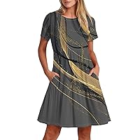 Women's Casual Summer Dress 2024 Midi Dress Casual Crew Neck Print Ruffle Short Sleeve Shift Dress Flowy, S-2XL