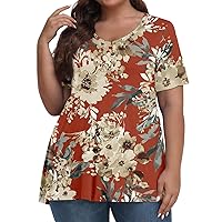 Plus Size Clothes for Women Women's Plus Size Tops Cute Short Sleeve Tops for Women Dressy Casual Floral Print V Neck Petite Shirts Spring Fashion Blouse 2024 24-Red 3X-Large