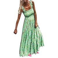Women's Square Neck Maxi Dress Sleeveless Spaghetti Strap Dresses Boho Floral Beach Wedding Guest Dress Casual Flowy Dress