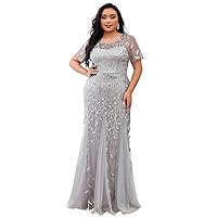 Ever-Pretty Women's Plus Size Sequin Short Sleeves Embroidery Mermaid Maxi Evening Dress 07707-PZUSA