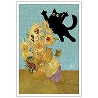 TYOHU Funny Black Cat Art Poster Vintage Sunflower Cat Print Canvas Wall Art Cute Animal Room Aesthetic Prints Painting For Home Bedroom Dorm Wall Decor 24x36in Unframed