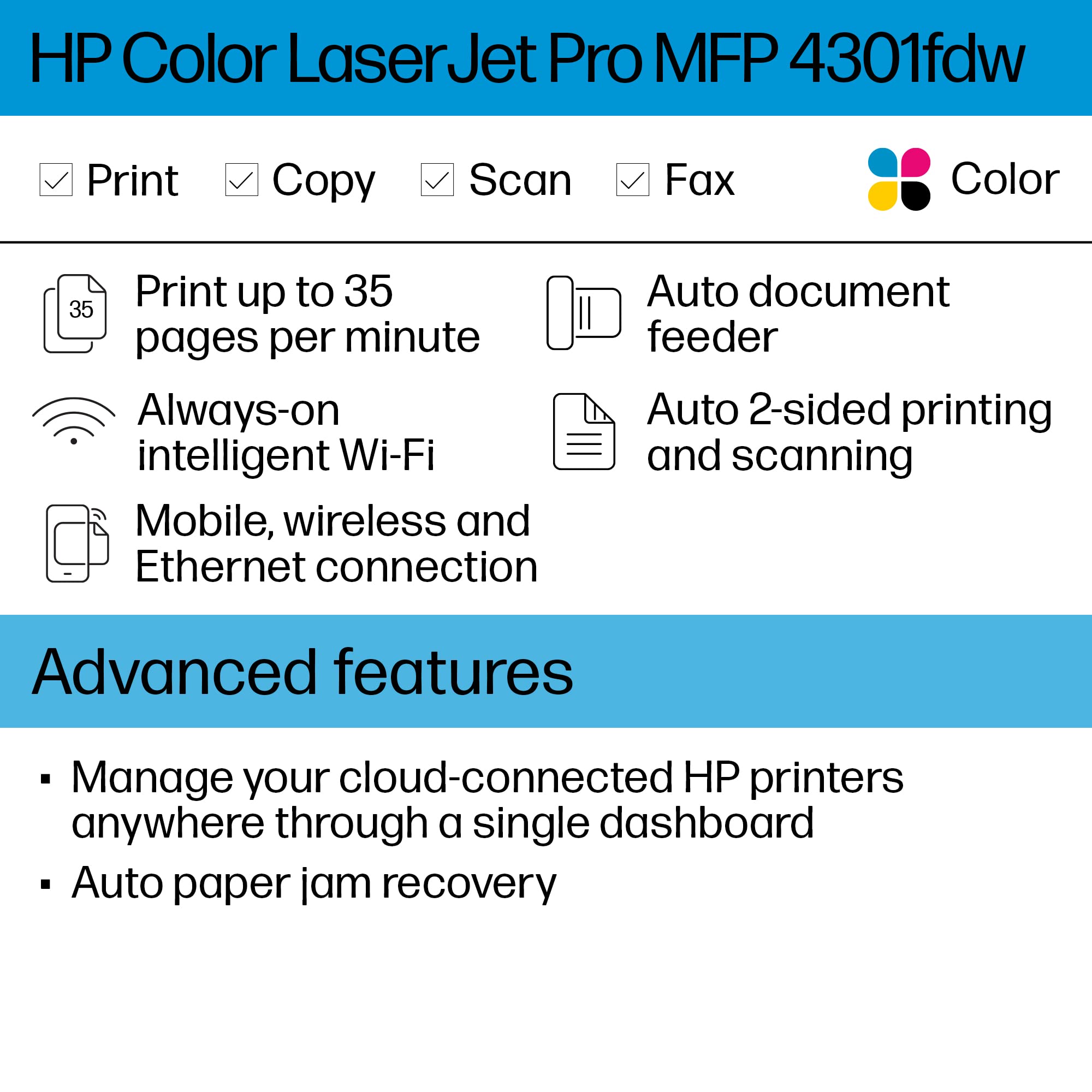 HP Color LaserJet Pro MFP 4301fdw Wireless Printer, Print, scan, copy, fax, Fast speeds, Easy setup, Mobile printing, Advanced security, Best-for-small teams, white, 16.6 x 17.1 x 15.1 in