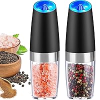 Gravity Electric Pepper and Salt Grinder Set, Adjustable Coarseness, With LED Light, One Hand Automatic Operation, Stainless Steel Black, (2 Pack Black)