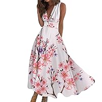 Sundresses for Women 2024 Summer Deep V Neck Sleeveless Fashion Maxi Dresses Floral Print Boho Beach Dress