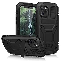 Case for iPhone 12/12 Mini/12 Pro/12 Pro Max, Outdoor Heavy Duty Tough Armour Metal Military Case Built-in Screen Dustproof Shockproof Full Body Cover with Kickstand,Black,iPhone12 Mini