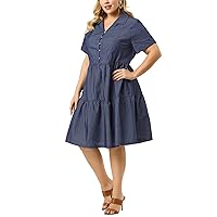 Agnes Orinda Plus Size Chambray Dress for Women Short Sleeve Button Down Flowy Tiered Shirt Dresses