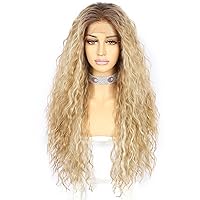 SAPPHIREWIGS Curly Lace Front Wigs Synthetic Water Wave Wigs for Women Heat Resistant Hair Replacement Wig Highlight Blonde with Dark Root Wet and Wavy Pre Plucked Hairline 26inch