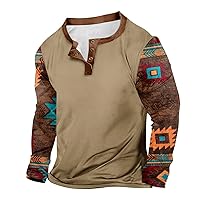 Mens Fashion Long Sleeve Henley Shirts Casual Slim Fit Basic Work Shirts Western Aztec Ethnic Print Button Tops