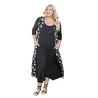 Plus Size Women's Fashion Black Long Sleeve Maxi Dress for Women, Floral, 2 in 1 Two Piece Outfits Fall with Pockets