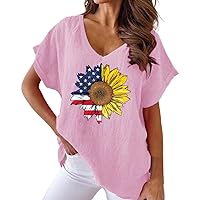 Spring Clothes for Women 2024 for Short Women Sunflower Print V Neck Cotton Casual Bat Short Sleeve T Shirt Wo