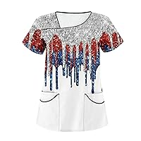 Scrubs for Women Tops Independence Day Print Slant Collar Double Pocket Scrubs Tops for Women, S-5XL