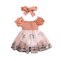 Newborn Baby Girl Summer Clothes Puff Short Sleeve Ribbed Tulle Tutu Romper Dress Headband 2Pcs Outfit
