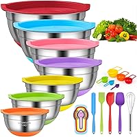 CHAREADA Mixing Bowls with Airtight Lids, 18pcs Stainless Steel Nesting Colorful Mixing Bowls Set Non-slip Silicone Bottom, Size 7, 5.5, 4, 3.5, 2.5, 2, 1.5 qt, Fit for Mixing & Serving