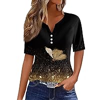 Tshirts Shirts for Women V Neck Short Sleeve Y2k Tops Printing Button Down Tunic Tops Summer Loose T Shirts