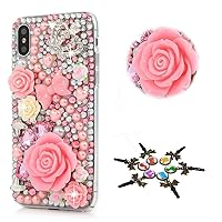 STENES Sparkle Case Compatible with Samsung Galaxy A03 Core Case - Stylish - 3D Handmade Bling Crown Bows Rose Flowers Rhinestone Crystal Diamond Design Cover Case - Pink