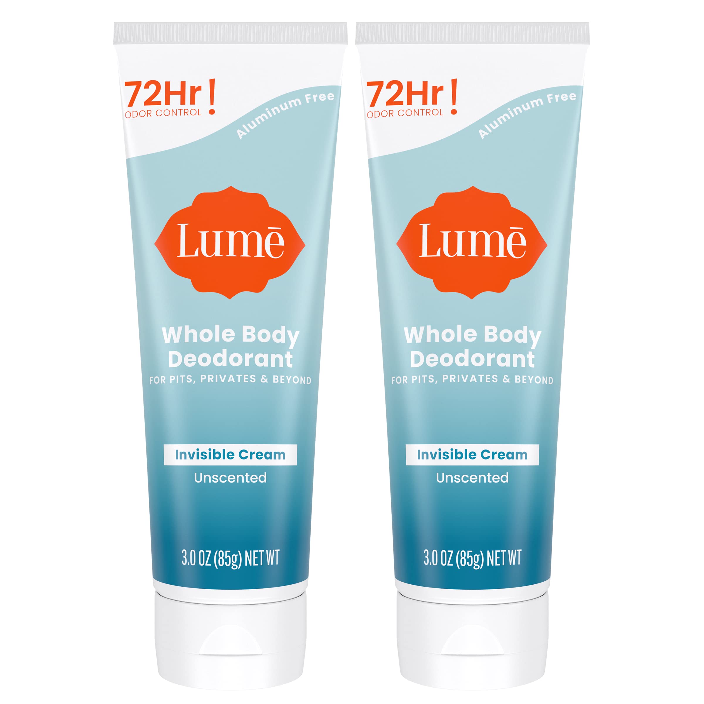 Lume Whole Body Deodorant - Invisible Cream Tube - 72 Hour Odor Control - Aluminum Free, Baking Soda Free, Skin Safe - 3.0 ounce (Pack of 2) (Unscented)