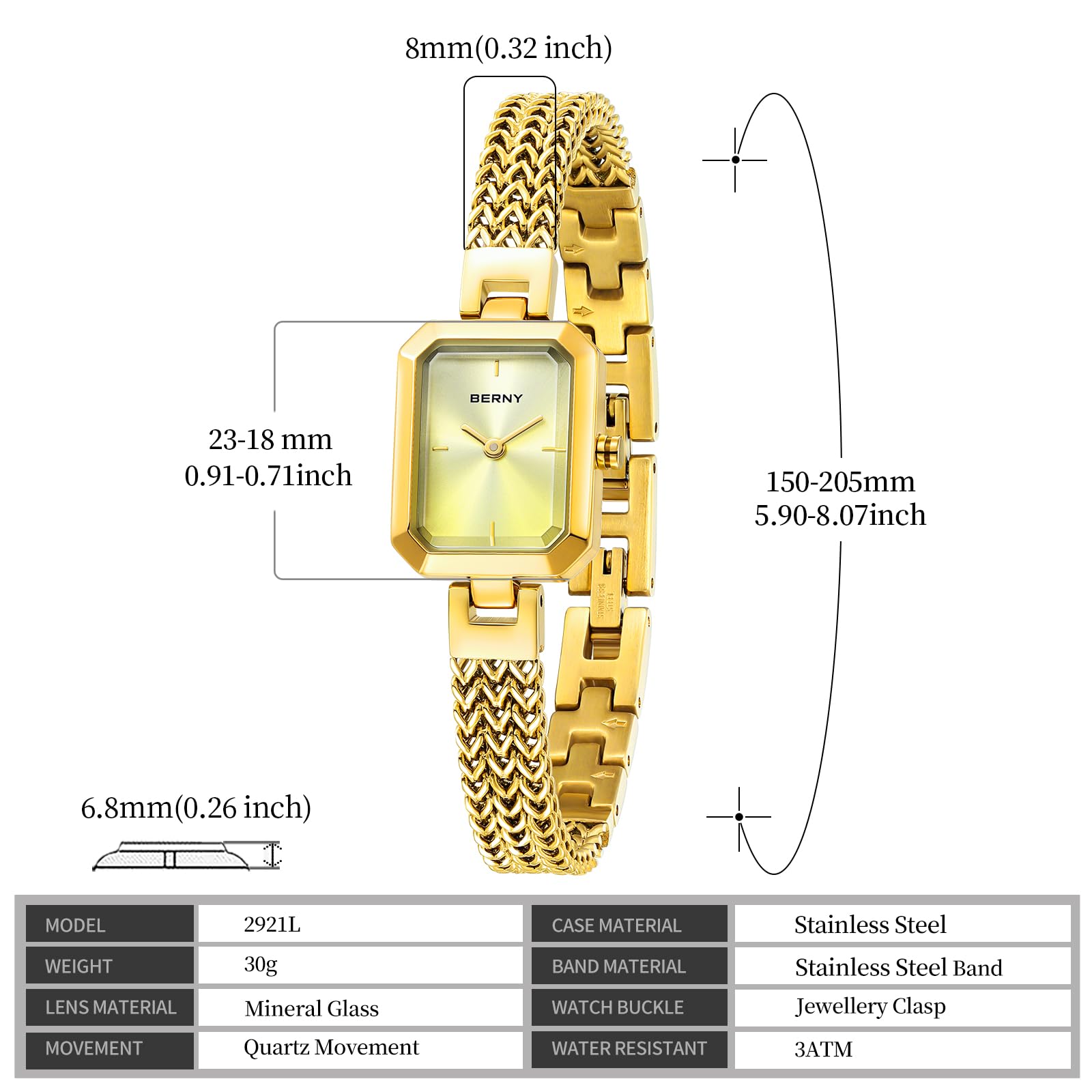 BERNY Women Quartz Watches Ladies Rectangle Mini Wrist Watches Fashion Minimalist Watch 3ATM Waterproof Stainless Steel Detachable Watch Band