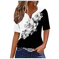 Womens Eyelet Tops Button Down Summer Henley Neck T Shirts Plus Size Blouses Floral Print Tees Loose Fit T Shirt