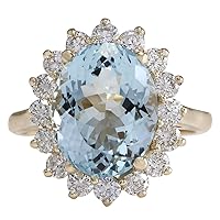 6.5 Carat Natural Blue Aquamarine and Diamond (F-G Color, VS1-VS2 Clarity) 14K Yellow Gold Cocktail Ring for Women Exclusively Handcrafted in USA