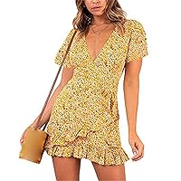 Womens Spring Summer Casual Elegant Knot Front V Neck Ruffles Short Sleeve Floral Print Swing Mini Short Skater Dress