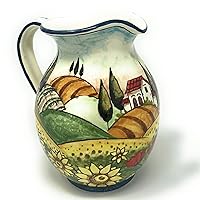 Italian Ceramic Art Pottery Pitcher Vino Vine gal 0,264 Hand Painted Decorated Landscape Sunflowers Made in ITALY Tuscan