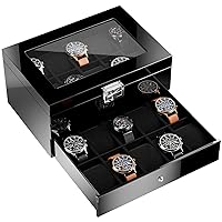 20 Slots Lacquered Finish Wooden Watch Box for Men, Large Watch Organizer with Glass Top, 2-Tier Display Case for Wristwatch Storage -Black