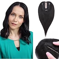 Human Hair Toppers for Women with Thinning Hair, 120% Density Large Silk Base Clip in Short Hair Topper Pieces No Bang Hairpieces for Hair Loss Cover Gray Hair, 12 Inch (#1B Natural Black)