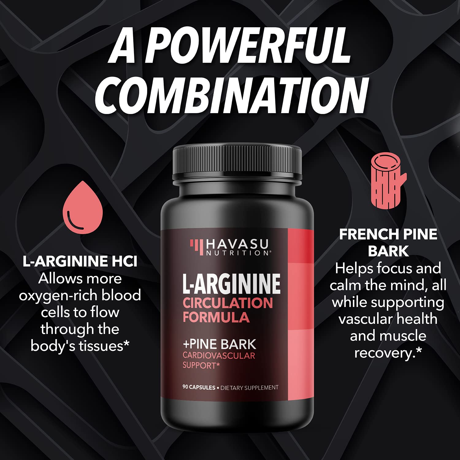 L Arginine French Pine Bark | 1,800mg L Arginine Pills for Men to Boost Circulation | Nitric Oxide Precursor for Powerful Blood Flow | Potent Dosage 30 Day Supply | 90 NO L-Arginine Capsules