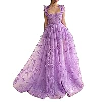 Long 3D Butterflies Dress Tulle Prom Dress for Women Lace Formal Evening Dresses