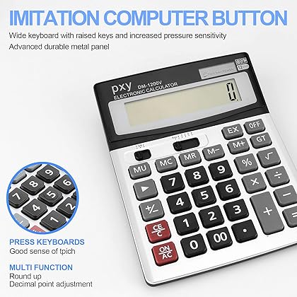 Desk Calculator 12 Digit Extra Large LCD Display, Touch Comfortable with Big Buttons, PXY Two Way Power Battery and Solar Standard Function Office Calculators