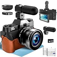 4K Digital Camera with External Adjustable Microphone, 56MP Vlogging Camera for YouTube and Video with WIFI, 52mm Wide Angle & Macro Lens, with 180° Flip Screen,18X Digital Zoom, 2 Batteries, 32GB