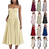 Women Corset Dress Floral Bustier Dress Summer Sleeveless Flowy Cottagecore Dress Elegant Midi Dresses with Pockets