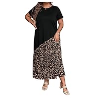 SOLY HUX Women's Plus Size Leopard Print T Shirt Dress Short Sleeve Round Neck Summer Long Dresses