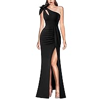 VFSHOW Womens 3D Flower One Shoulder Ruched Prom Formal Wedding Guest Maxi Dress 2023 Sexy Cocktail Split Cutout Evening Gown