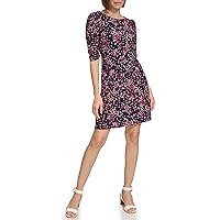 Tommy Hilfiger Womens Floral Jersey Short Puff Sleeve Dress, Sky Captain/Hot Pink, 6 US