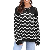 Women's Knit Sweater Casual Long Sleeve Oversized Solid Color Striped Hollow Sweater Pullover Top