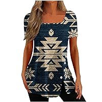 YZHM Womens Tops Summer Casual Short Sleeve Shirts Square Neck Tunic Tops Western Aztec Graphic Tees 2023 Fashion Blouses