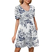 A Line Mini Dress, Women's Casual Dresses Puff Short Sleeve V Neck Cocktail with Pockets Lounge for Women Sun 2024