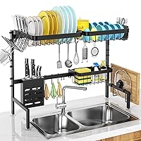 Over The Sink Dish Drying Rack Adjustable Length (25-33in), 2 Tier Dish Rack Over Sink with Multiple Baskets Utensil Holder Cup Holder, Large Dish Rack for Kitchen Sink Organizer