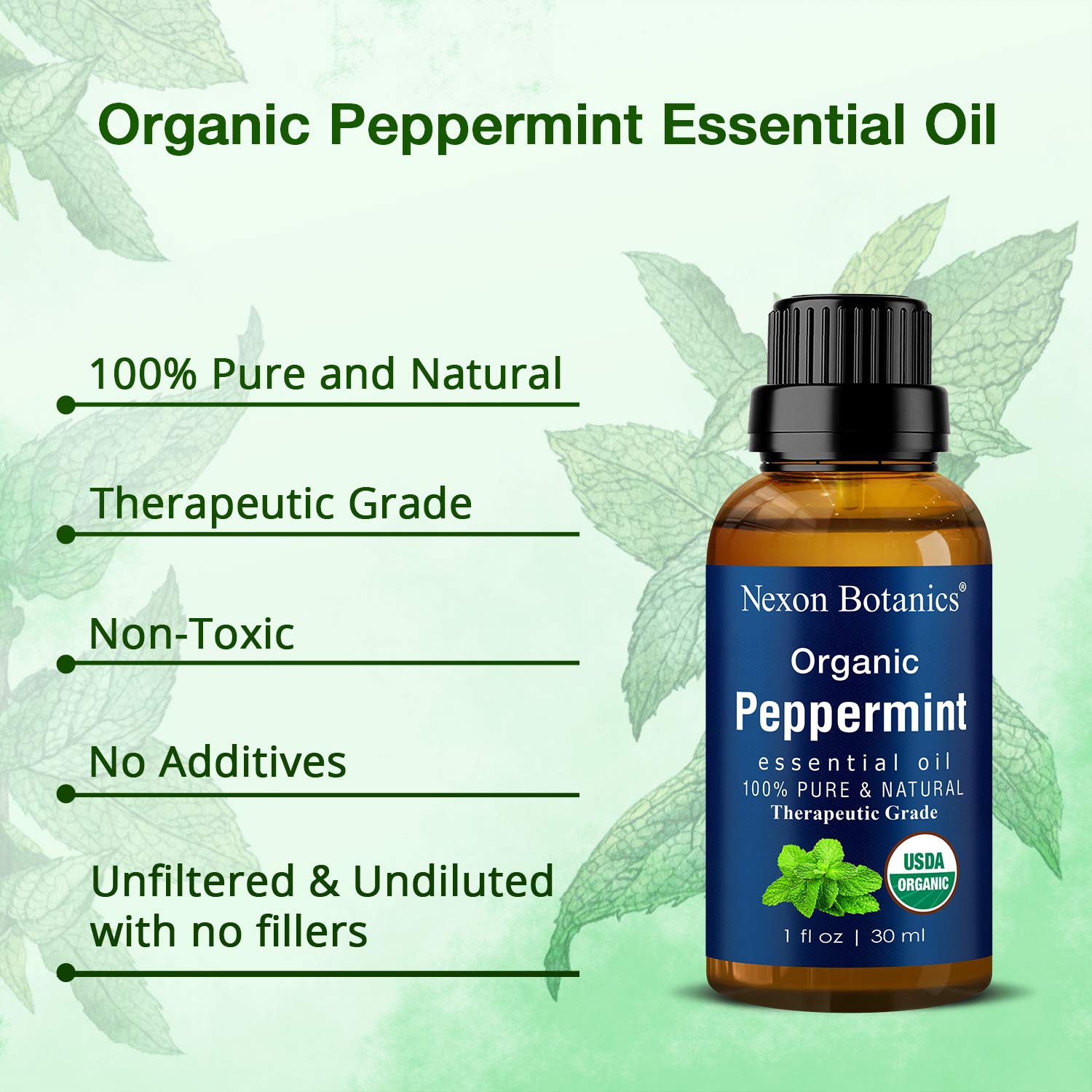 Organic Peppermint Essential Oil 30 ml - 100% Pure Peppermint Oil for Diffuser -Natural, Undiluted Menthol Oil for Hair Care - Mint Oil for Skin Care - Pure Essential Oils Peppermint - Nexon Botanics