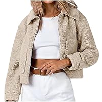 Womens Sherpa Crop Jacket Zip Up Lapel Fuzzy Fleece Cropped Coats 2023 Winter Warm Fashion Casual Pockets Outerwear
