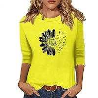 Women's Fashion, Vacation Outfits for Women Cute Summer Tops Womens 3/4 Sleeve Blouse Daily Round Neck Dressy Tunic Casual Fashion Print Tee Loose Ladies Comfy Tshirt Wrap Tops (Yellow,Small)