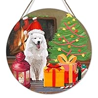 Dog with Santa Hat Sign Wood Decor Xmas Tree and Christmas Fireplace Home Decoration Wood Sign Happy New Year Dog Belgian Shepherd Wood Wall Decor Signs Christmas Door Hanger 10x10in