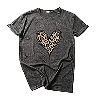 Leopard Love Heart Shirt for Women Valentines Day Casual Short Sleeve T-Shirt Crewneck Simple Fashion Tee Blouses