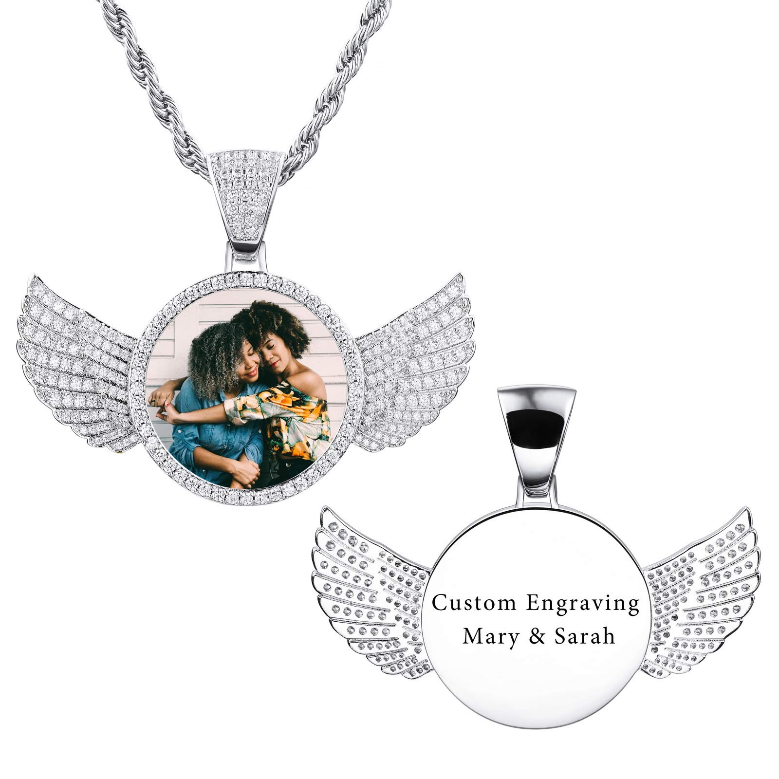 VIBOOS Personalized Hip Hop Memory Pendant Necklace Custom Picture Text for Men Women Custom Photo Copper Angel Wing Heart & Round Medal Rope Chain Jewelry Souvenir Gift