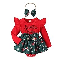 Christmas Infant Baby Girls Romper Dress Plaid Ruffles Long Sleeve Bowknot Skirt Hem Jumpsuits Headband