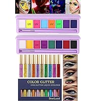 10 Colors Liquid Glitter Eyeliner & 2 Pack Neon Makeup Palette Set Rainbow Colorful UV Body Paint